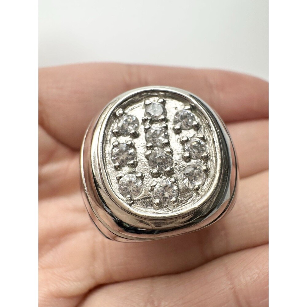 Vintage Rhodium Over Sterling Silver Cluster Ring C Z Size 6 Super Heavy